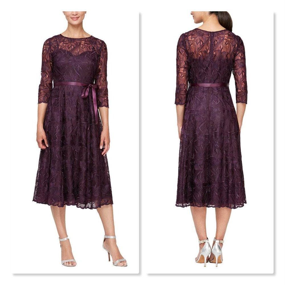 NEW! ALEX EVENINGS | Illusion Top Embroidered Tea Length Dress - [14P, purple]